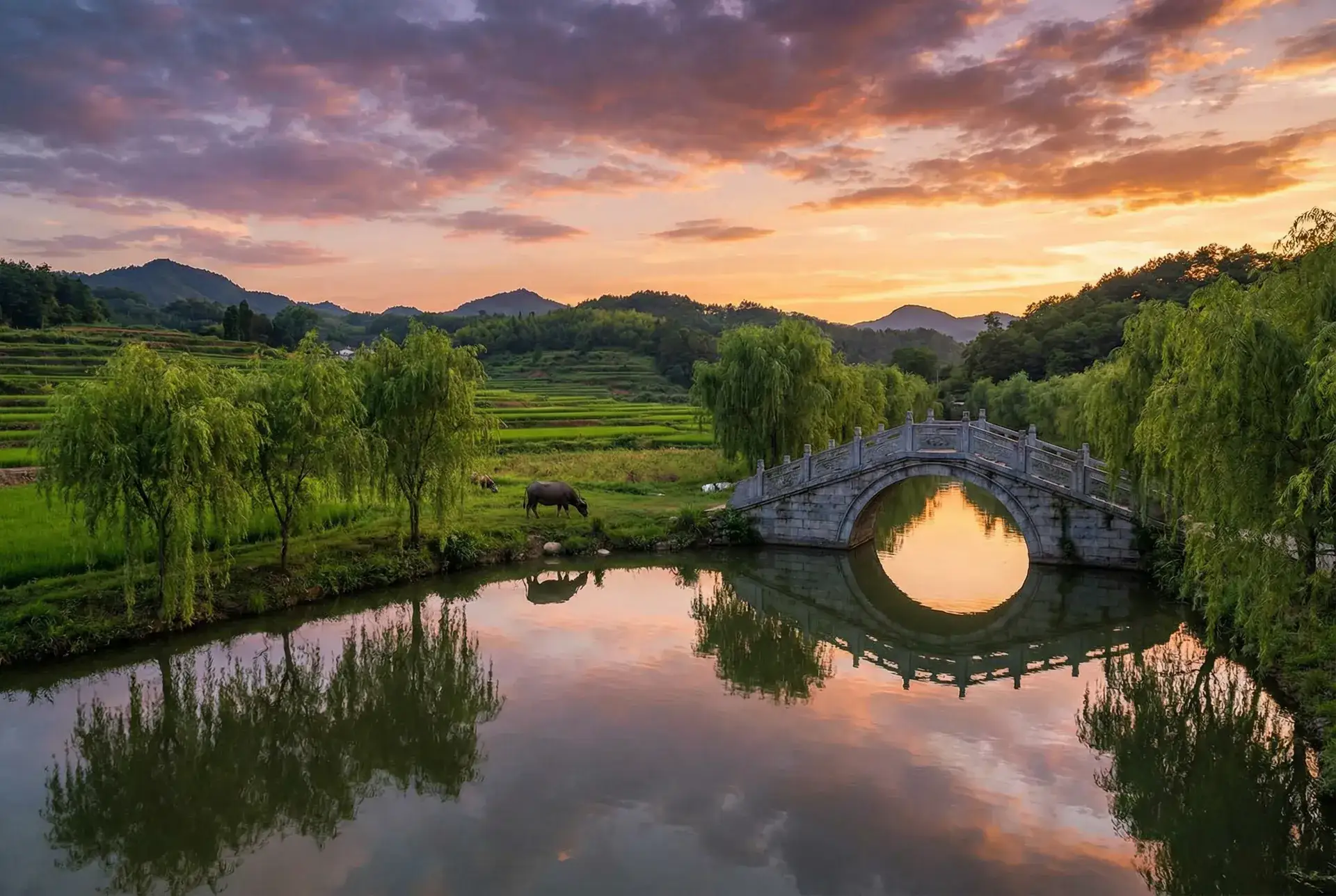 夕阳下的石拱桥与垂柳，水牛在河边吃草 - 四虎影库在线永久影院免费观看 乡村美景